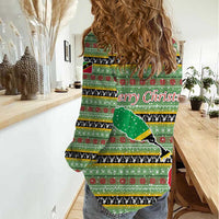 Saint Kitts and Nevis Christmas Women Casual Shirt with Green Red Black Xmas Sailboat and Map - Wonder Print Shop