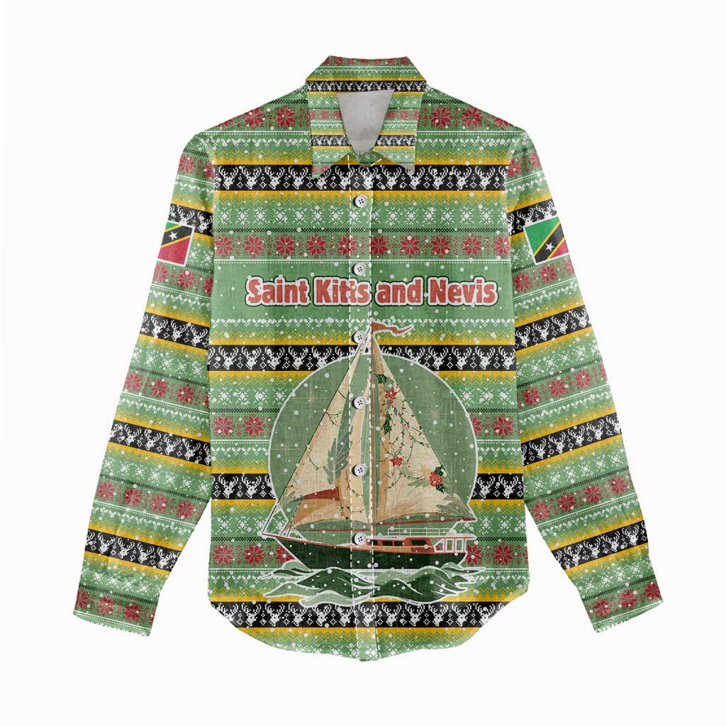Saint Kitts and Nevis Christmas Women Casual Shirt with Green Red Black Xmas Sailboat and Map - Wonder Print Shop