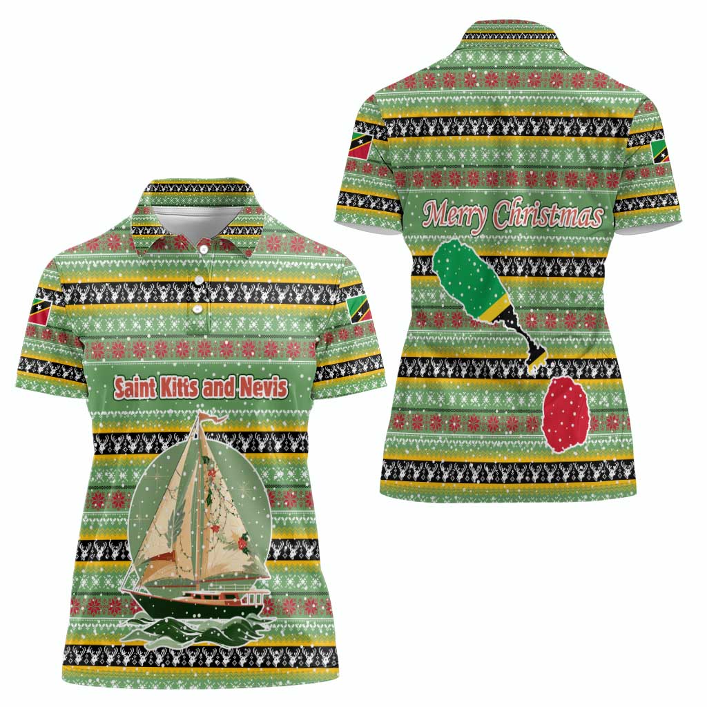 Saint Kitts and Nevis Christmas Women Polo Shirt with Green Red Black Xmas Sailboat and Map - Wonder Print Shop