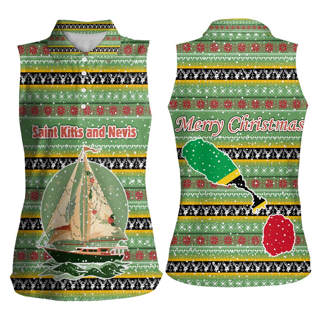 Saint Kitts and Nevis Christmas Women Sleeveless Polo Shirt with Green Red Black Xmas Sailboat and Map - Wonder Print Shop