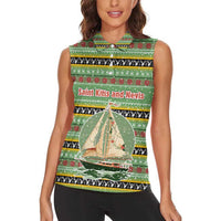 Saint Kitts and Nevis Christmas Women Sleeveless Polo Shirt with Green Red Black Xmas Sailboat and Map - Wonder Print Shop