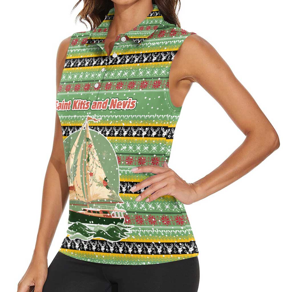 Saint Kitts and Nevis Christmas Women Sleeveless Polo Shirt with Green Red Black Xmas Sailboat and Map - Wonder Print Shop