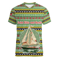 Saint Kitts and Nevis Christmas Women V-Neck T-Shirt with Green Red Black Xmas Sailboat and Map - Wonder Print Shop