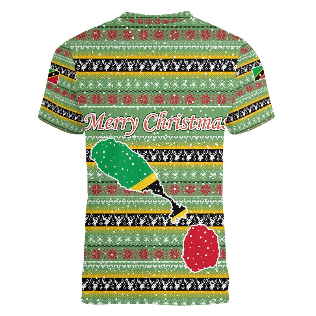 Saint Kitts and Nevis Christmas Women V-Neck T-Shirt with Green Red Black Xmas Sailboat and Map - Wonder Print Shop