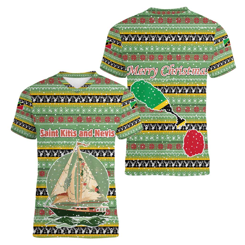 Saint Kitts and Nevis Christmas Women V-Neck T-Shirt with Green Red Black Xmas Sailboat and Map - Wonder Print Shop