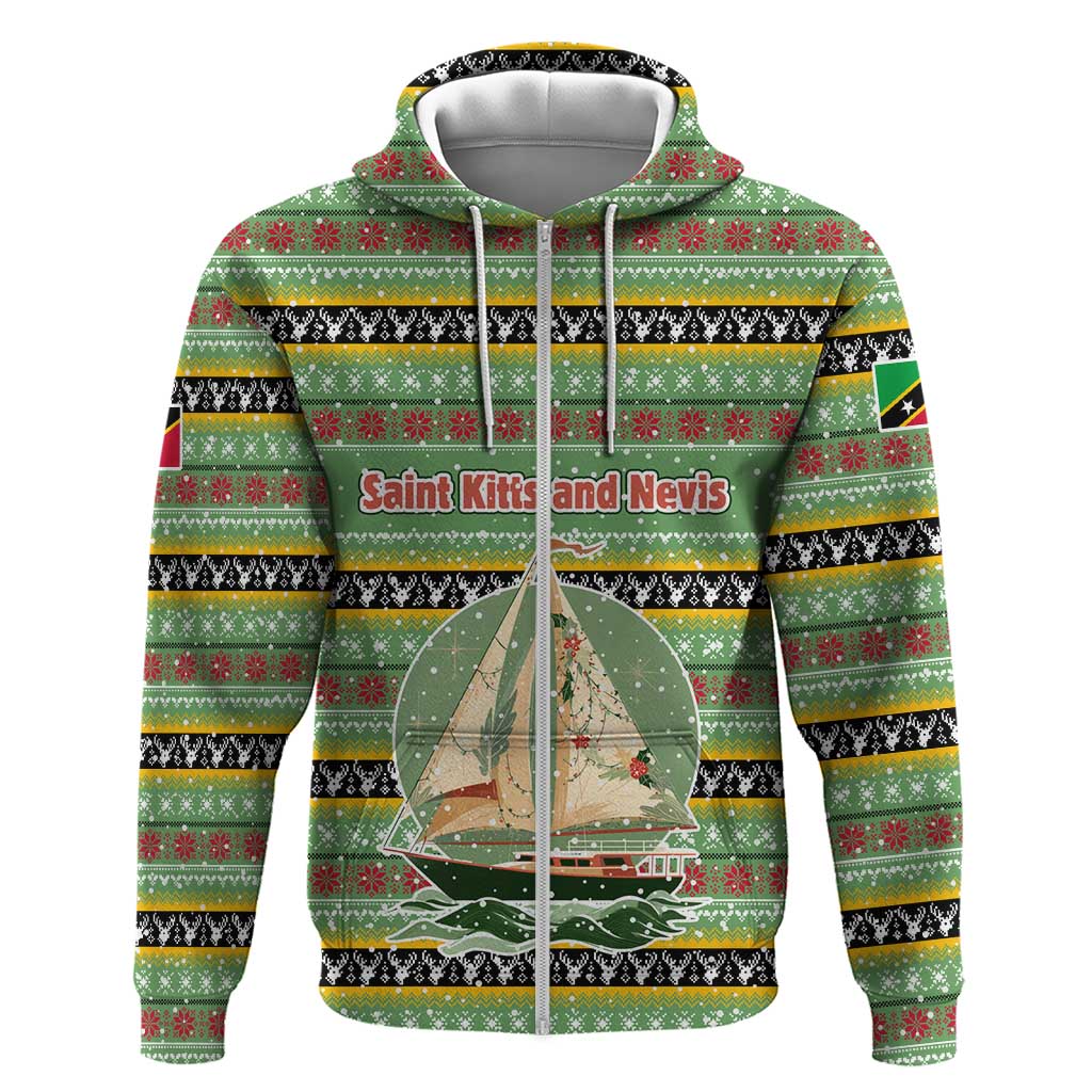 Saint Kitts and Nevis Christmas Zip Hoodie with Green Red Black Xmas Sailboat and Map - Wonder Print Shop