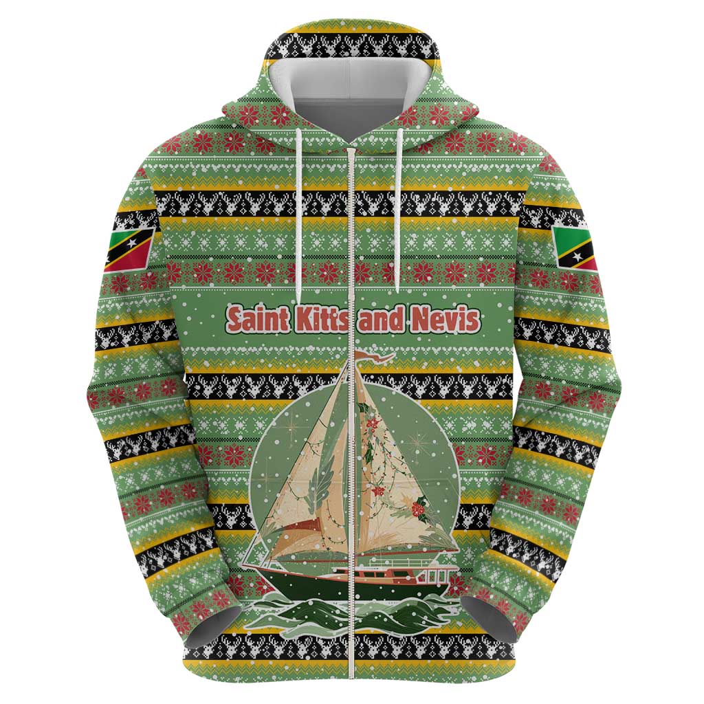 Saint Kitts and Nevis Christmas Zip Hoodie with Green Red Black Xmas Sailboat and Map - Wonder Print Shop