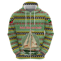 Saint Kitts and Nevis Christmas Zip Hoodie with Green Red Black Xmas Sailboat and Map - Wonder Print Shop
