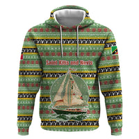 Saint Kitts and Nevis Christmas Zip Hoodie with Green Red Black Xmas Sailboat and Map - Wonder Print Shop