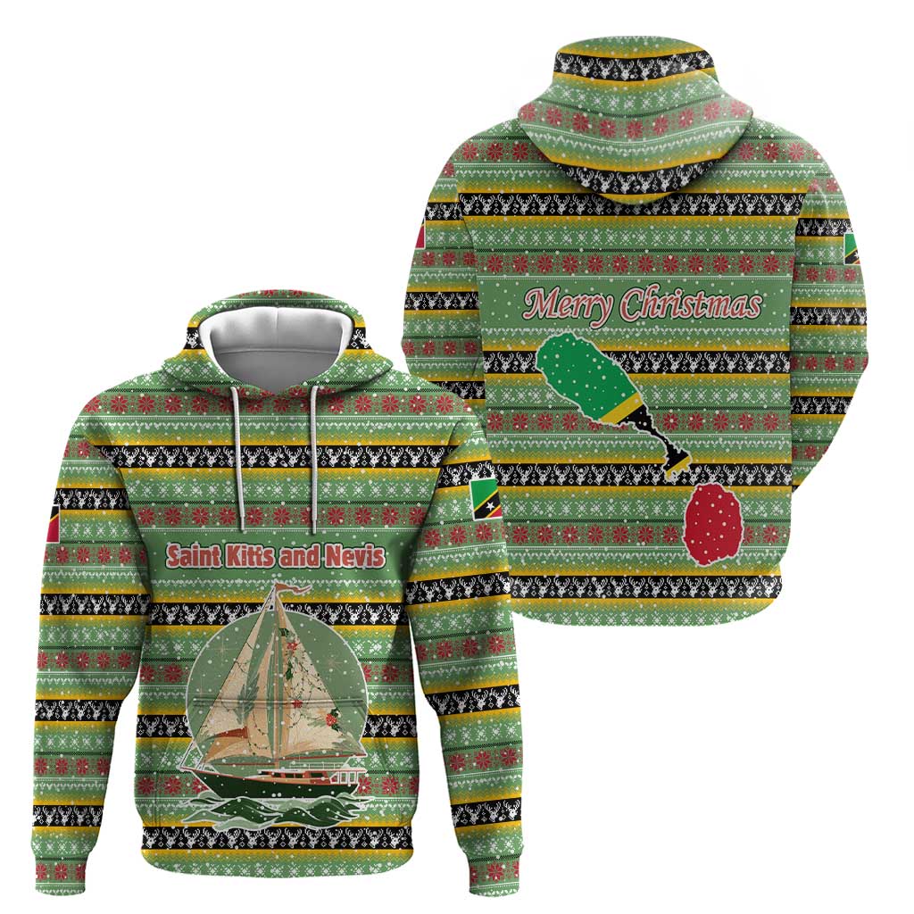 Saint Kitts and Nevis Christmas Zip Hoodie with Green Red Black Xmas Sailboat and Map - Wonder Print Shop