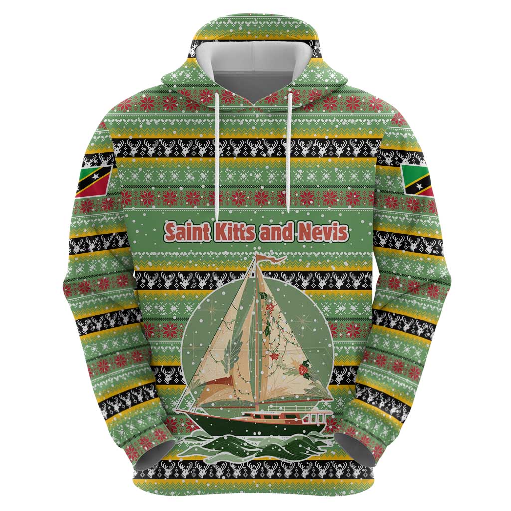Saint Kitts and Nevis Christmas Zip Hoodie with Green Red Black Xmas Sailboat and Map - Wonder Print Shop