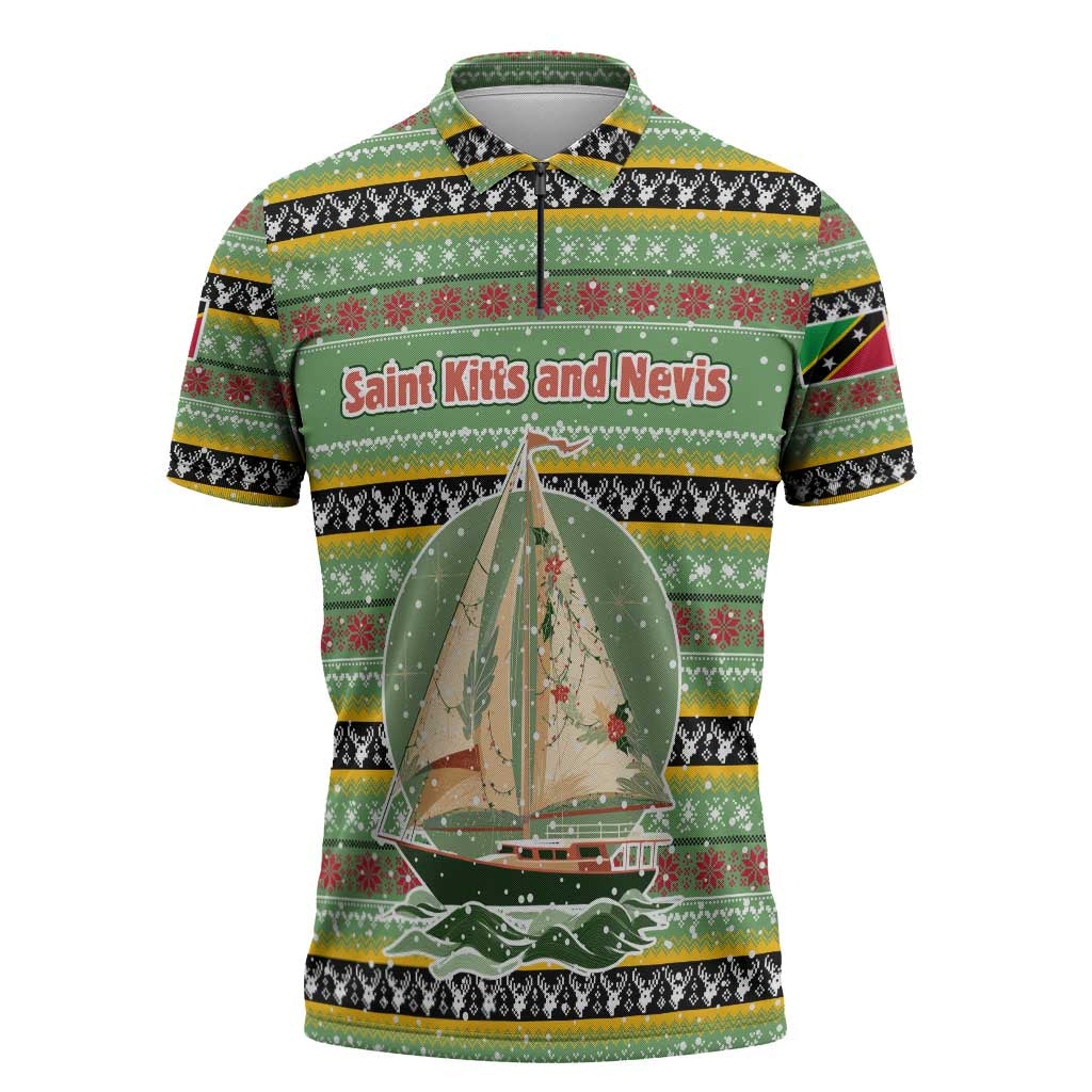 Saint Kitts and Nevis Christmas Zipper Polo Shirt with Green Red Black Xmas Sailboat and Map - Wonder Print Shop