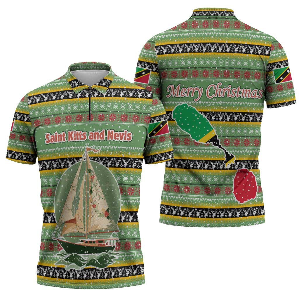 Saint Kitts and Nevis Christmas Zipper Polo Shirt with Green Red Black Xmas Sailboat and Map - Wonder Print Shop