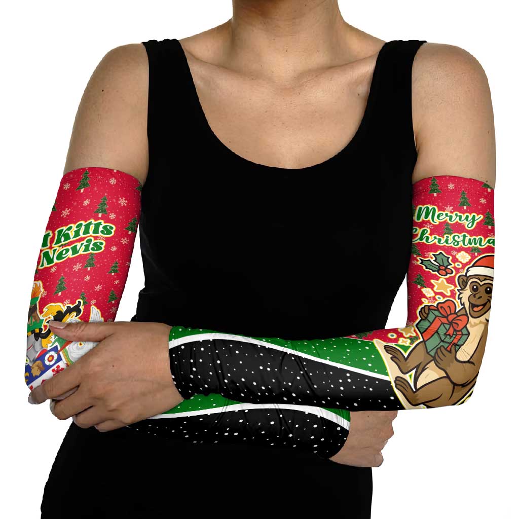 Saint Kitts and Nevis Christmas Arm Sleeves with Red Green Black Xmas Monkey Gift and Coat of Arms - Wonder Print Shop