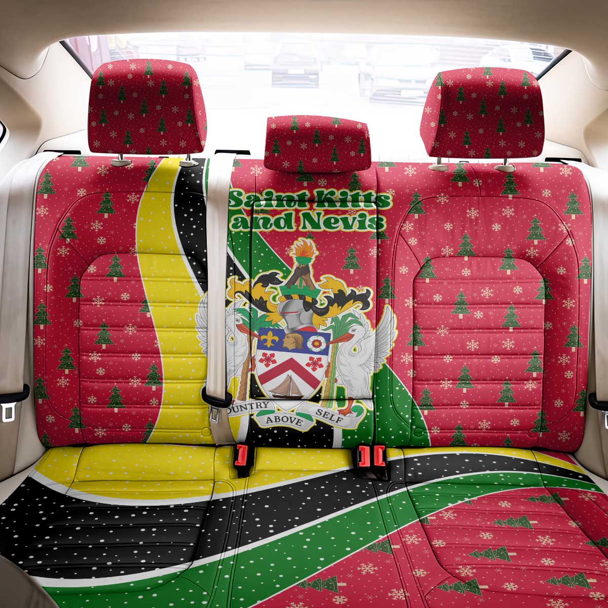 Saint Kitts and Nevis Christmas Back Car Seat Cover with Red Green Black Xmas Monkey Gift and Coat of Arms - Wonder Print Shop