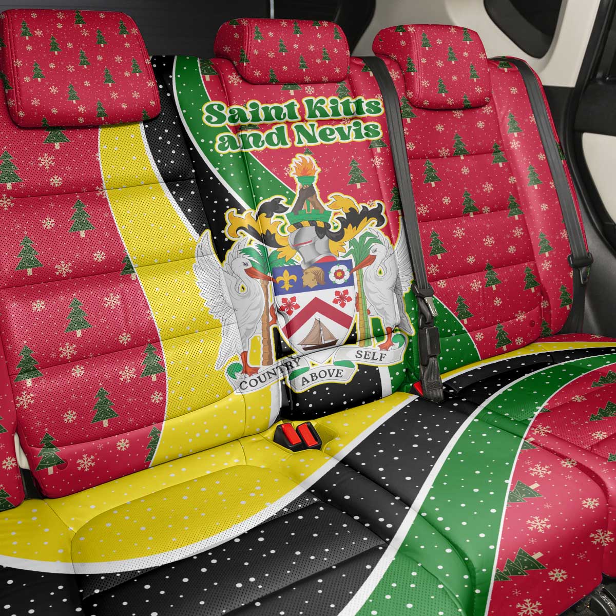 Saint Kitts and Nevis Christmas Back Car Seat Cover with Red Green Black Xmas Monkey Gift and Coat of Arms - Wonder Print Shop