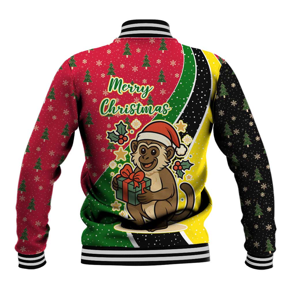 Saint Kitts and Nevis Christmas Baseball Jacket with Red Green Black Xmas Monkey Gift and Coat of Arms - Wonder Print Shop