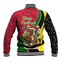 Saint Kitts and Nevis Christmas Baseball Jacket with Red Green Black Xmas Monkey Gift and Coat of Arms - Wonder Print Shop
