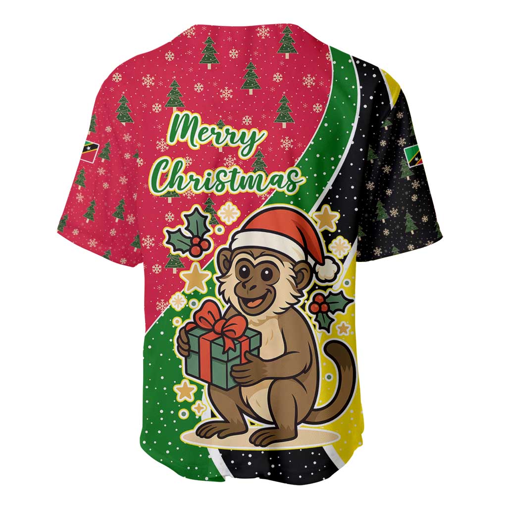 Saint Kitts and Nevis Christmas Baseball Jersey with Red Green Black Xmas Monkey Gift and Coat of Arms - Wonder Print Shop