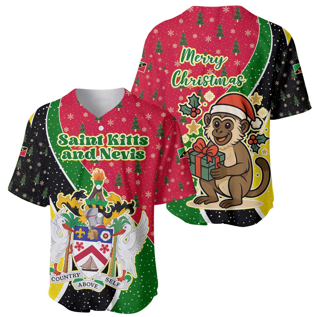 Saint Kitts and Nevis Christmas Baseball Jersey with Red Green Black Xmas Monkey Gift and Coat of Arms - Wonder Print Shop