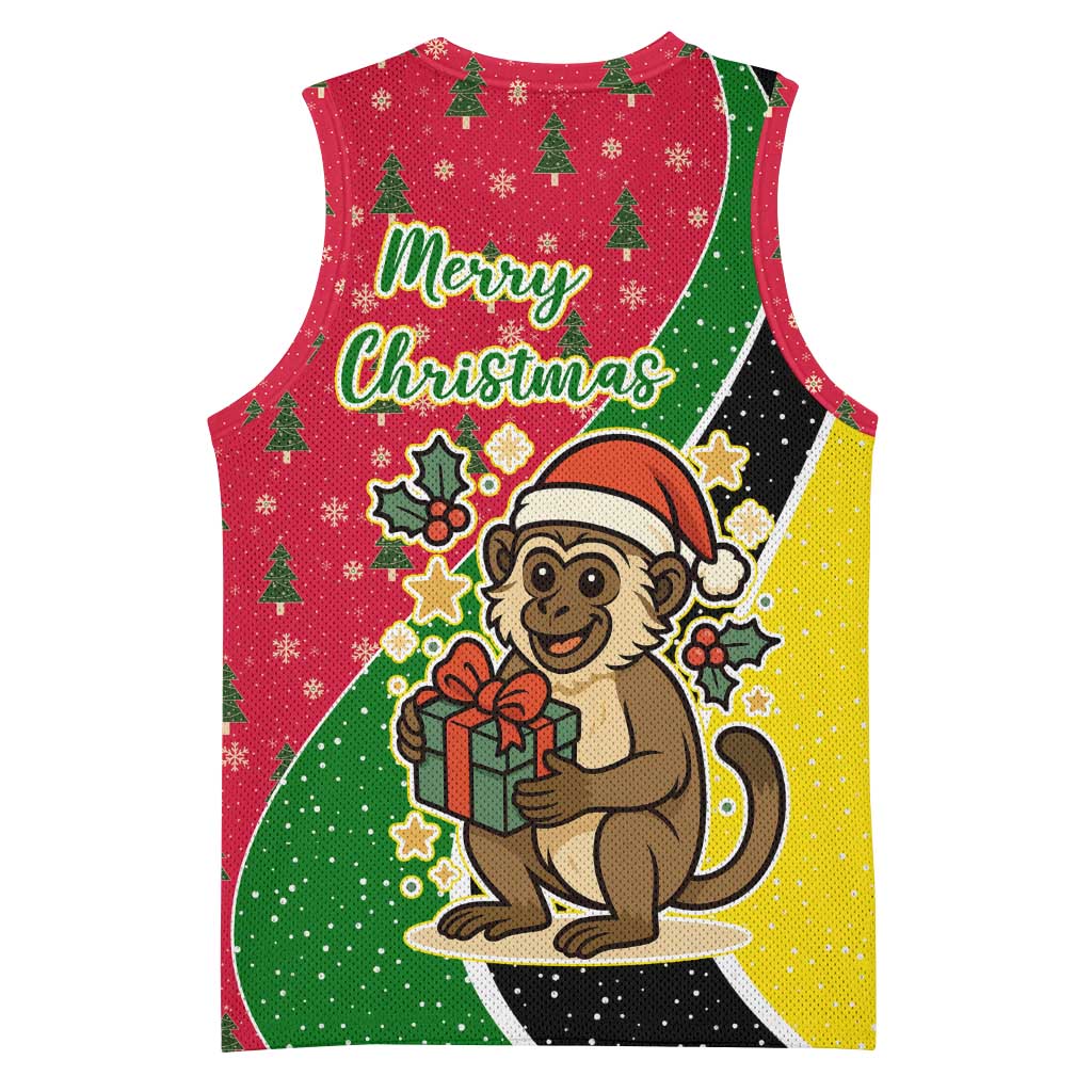 Saint Kitts and Nevis Christmas Basketball Jersey with Red Green Black Xmas Monkey Gift and Coat of Arms - Wonder Print Shop