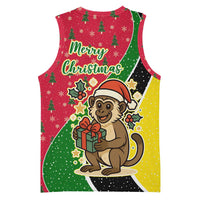 Saint Kitts and Nevis Christmas Basketball Jersey with Red Green Black Xmas Monkey Gift and Coat of Arms - Wonder Print Shop