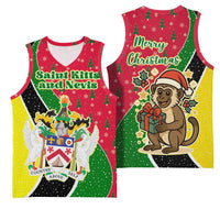 Saint Kitts and Nevis Christmas Basketball Jersey with Red Green Black Xmas Monkey Gift and Coat of Arms - Wonder Print Shop