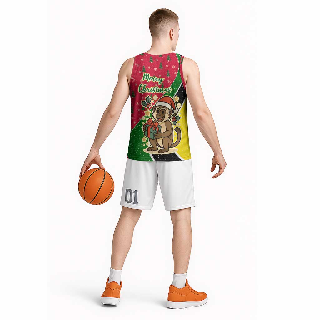 Saint Kitts and Nevis Christmas Basketball Jersey with Red Green Black Xmas Monkey Gift and Coat of Arms - Wonder Print Shop
