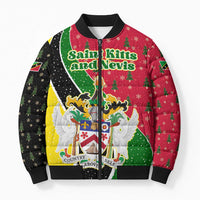 Saint Kitts and Nevis Christmas Bomber Puffer Jacket with Red Green Black Xmas Monkey Gift and Coat of Arms - Wonder Print Shop