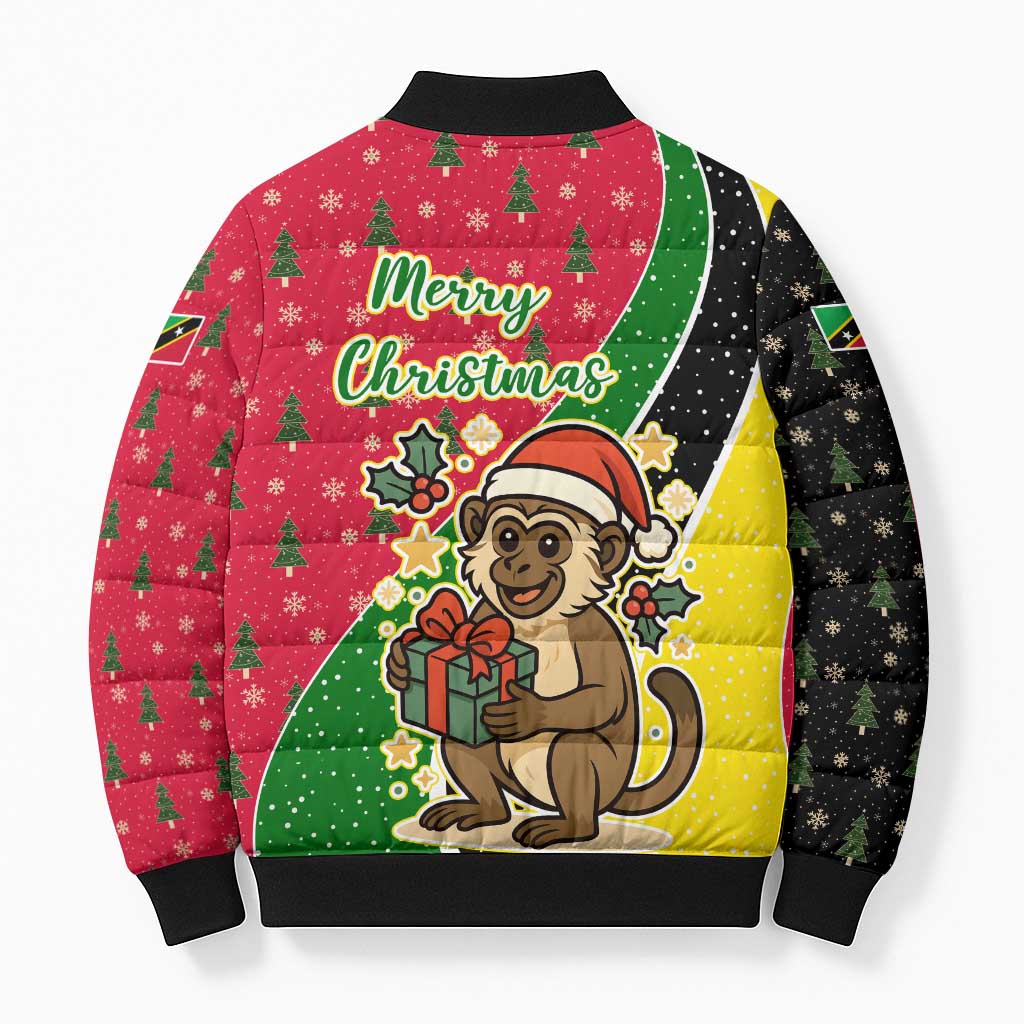 Saint Kitts and Nevis Christmas Bomber Puffer Jacket with Red Green Black Xmas Monkey Gift and Coat of Arms - Wonder Print Shop