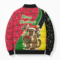 Saint Kitts and Nevis Christmas Bomber Puffer Jacket with Red Green Black Xmas Monkey Gift and Coat of Arms - Wonder Print Shop