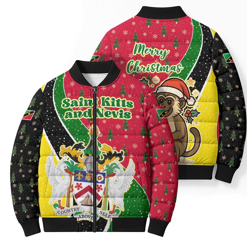 Saint Kitts and Nevis Christmas Bomber Puffer Jacket with Red Green Black Xmas Monkey Gift and Coat of Arms - Wonder Print Shop