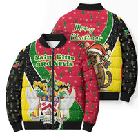 Saint Kitts and Nevis Christmas Bomber Puffer Jacket with Red Green Black Xmas Monkey Gift and Coat of Arms - Wonder Print Shop