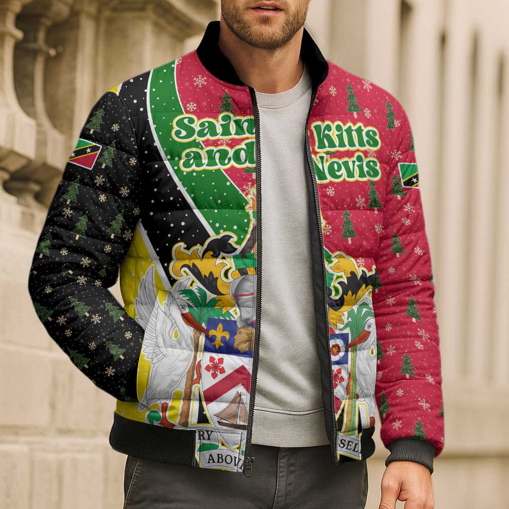 Saint Kitts and Nevis Christmas Bomber Puffer Jacket with Red Green Black Xmas Monkey Gift and Coat of Arms - Wonder Print Shop