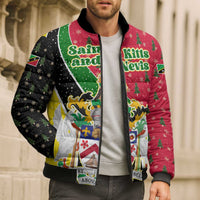 Saint Kitts and Nevis Christmas Bomber Puffer Jacket with Red Green Black Xmas Monkey Gift and Coat of Arms - Wonder Print Shop