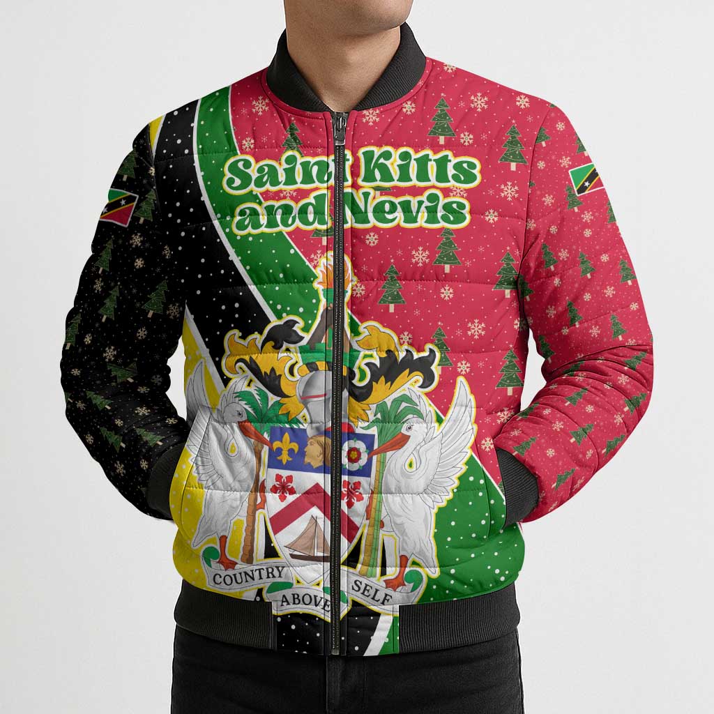Saint Kitts and Nevis Christmas Bomber Puffer Jacket with Red Green Black Xmas Monkey Gift and Coat of Arms - Wonder Print Shop