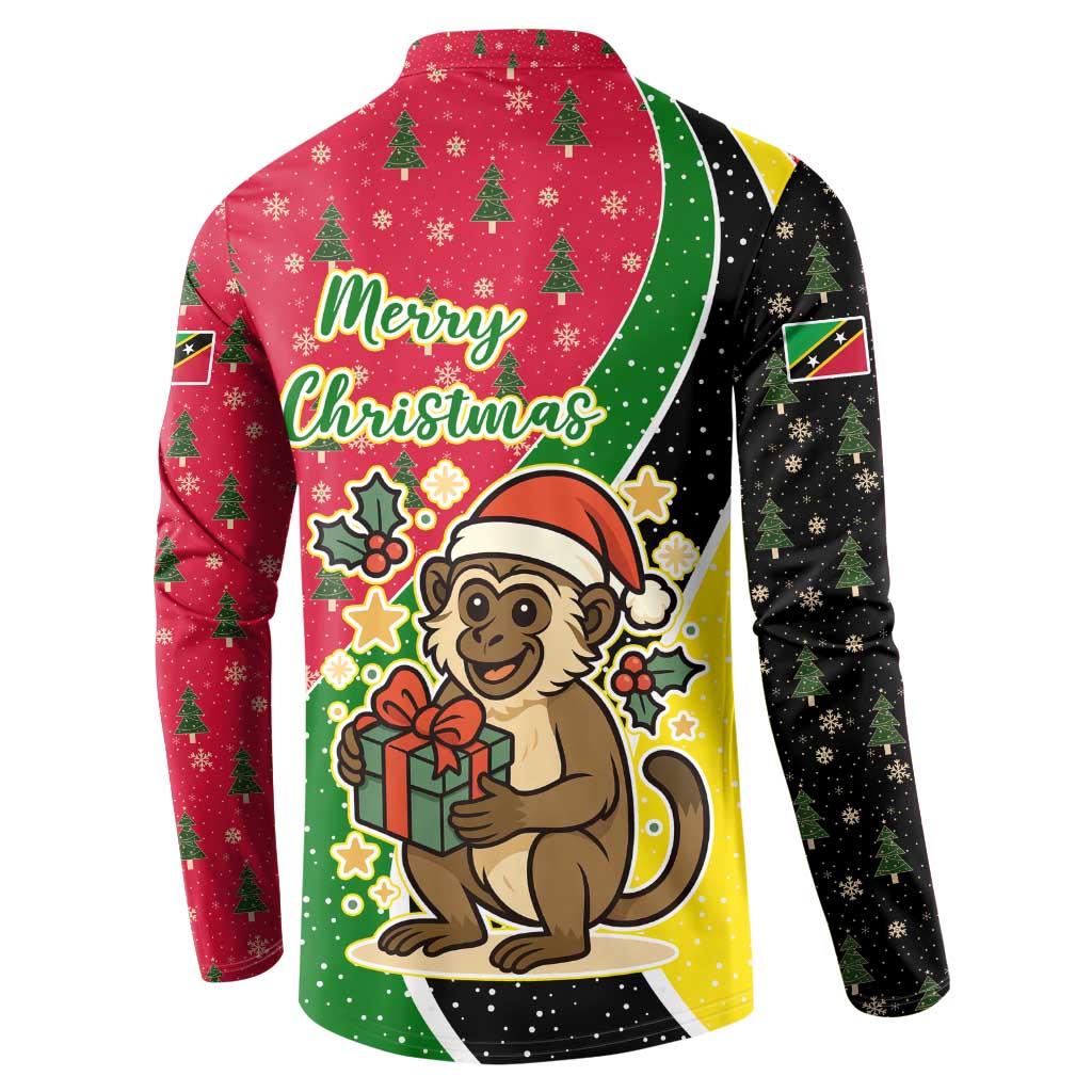 Saint Kitts and Nevis Christmas Button Sweatshirt with Red Green Black Xmas Monkey Gift and Coat of Arms - Wonder Print Shop