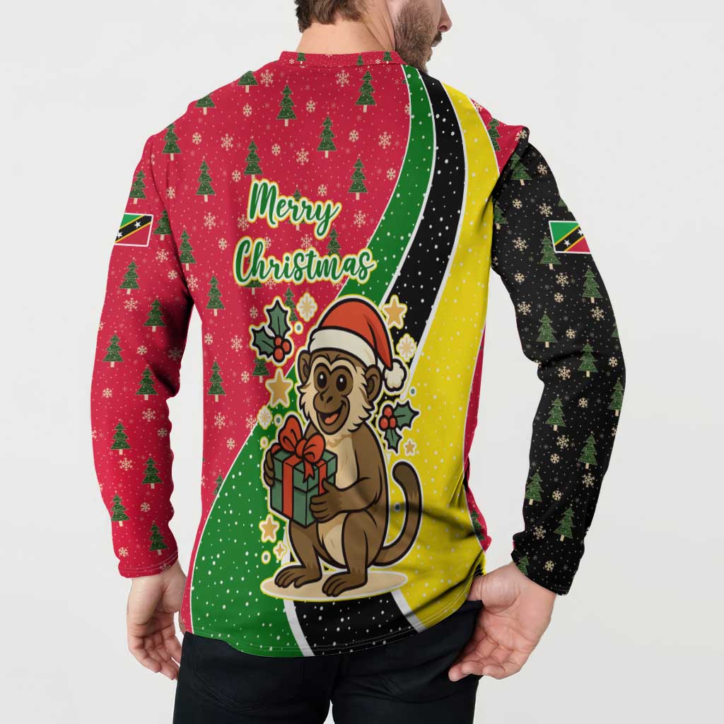 Saint Kitts and Nevis Christmas Button Sweatshirt with Red Green Black Xmas Monkey Gift and Coat of Arms - Wonder Print Shop