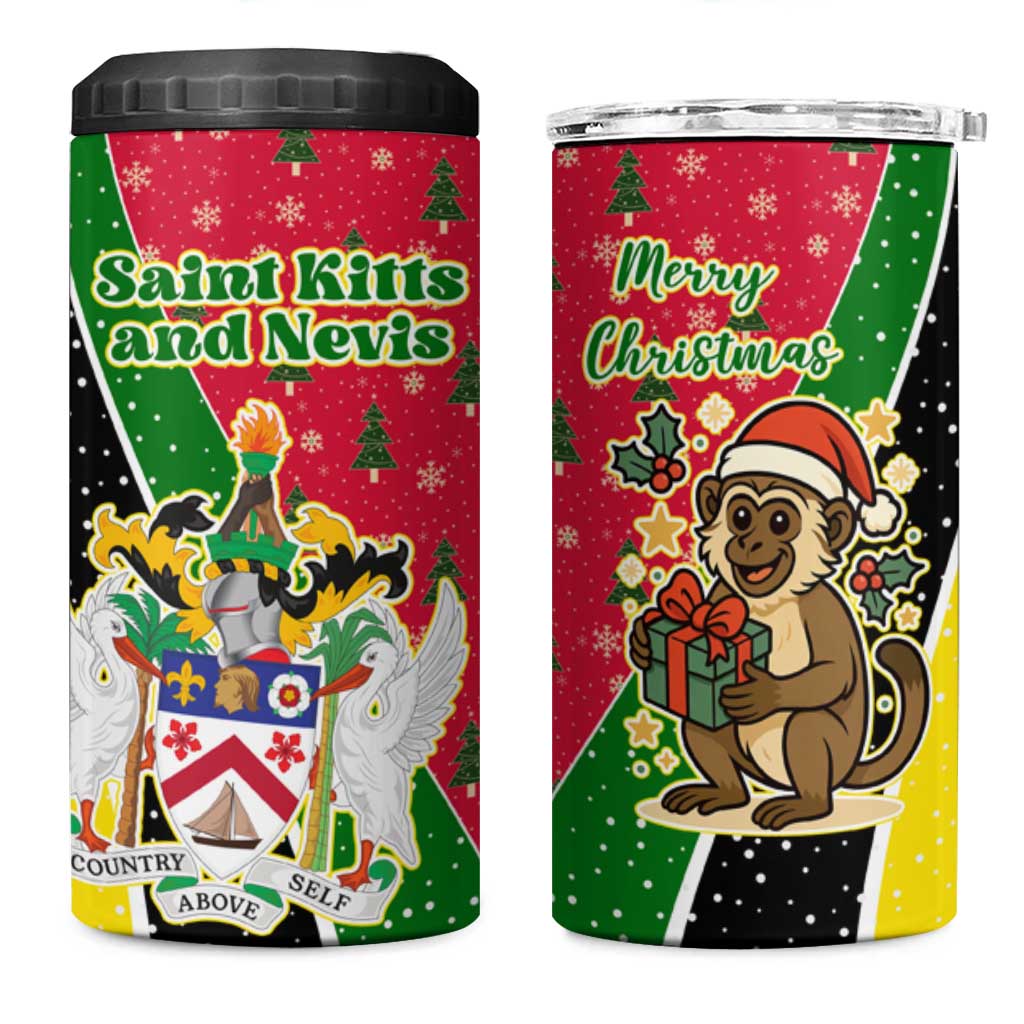 Saint Kitts and Nevis Christmas 4 in 1 Can Cooler Tumbler with Red Green Black Xmas Monkey Gift and Coat of Arms - Wonder Print Shop