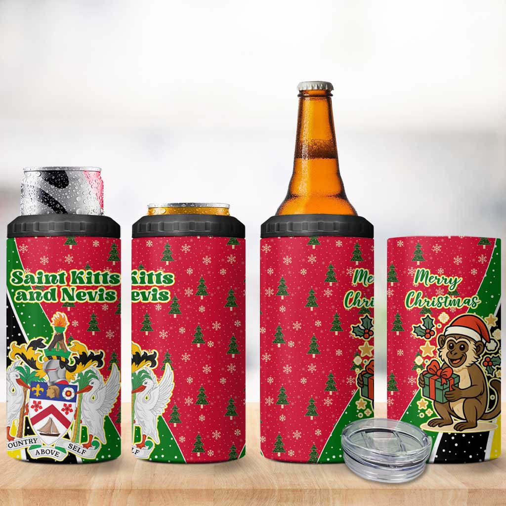 Saint Kitts and Nevis Christmas 4 in 1 Can Cooler Tumbler with Red Green Black Xmas Monkey Gift and Coat of Arms - Wonder Print Shop