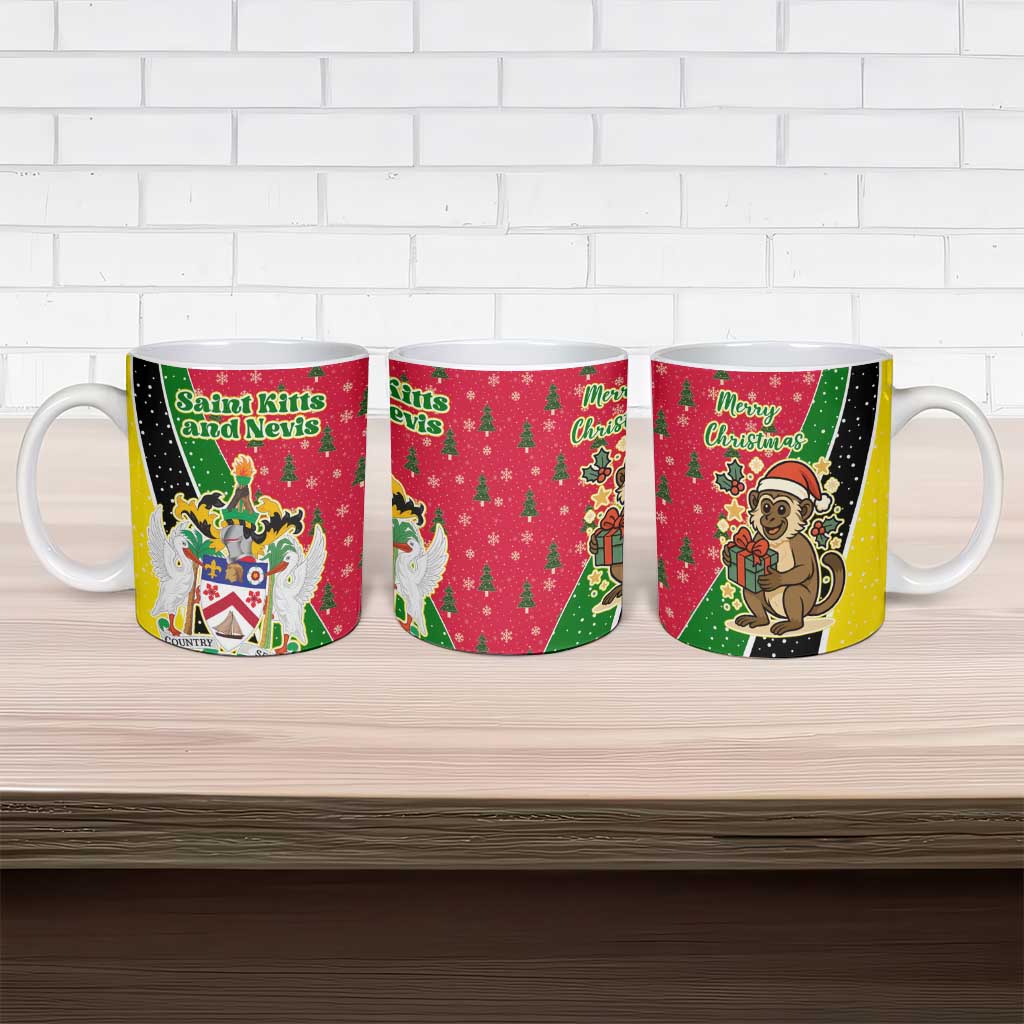 Saint Kitts and Nevis Christmas Ceramic Mug with Red Green Black Xmas Monkey Gift and Coat of Arms - Wonder Print Shop