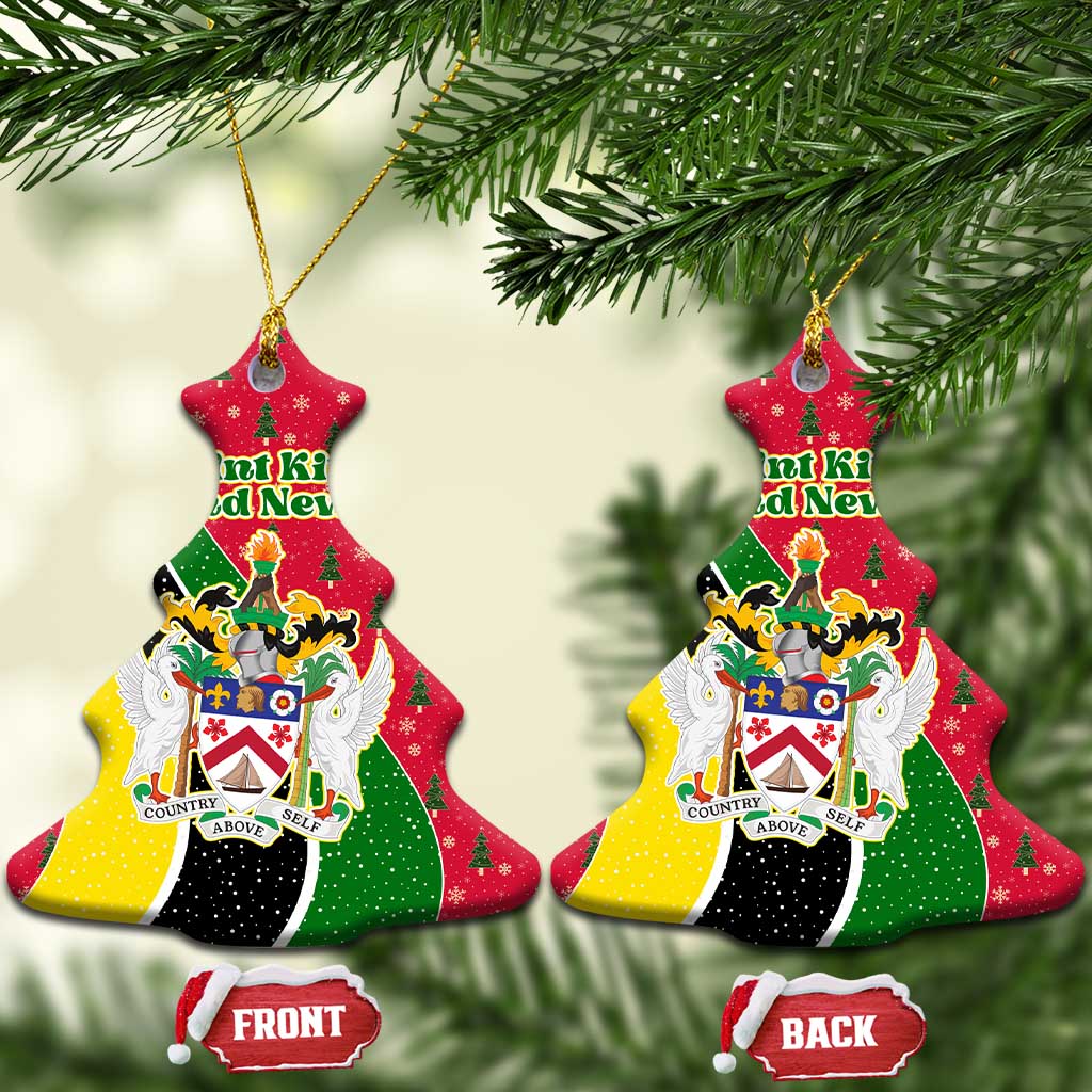 Saint Kitts and Nevis Christmas Ceramic Ornament with Red Green Black Xmas Monkey Gift and Coat of Arms - Wonder Print Shop