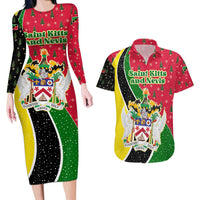 Saint Kitts and Nevis Christmas Couples Matching Long Sleeve Bodycon Dress and Hawaiian Shirt with Red Green Black Xmas Monkey Gift and Coat of Arms - Wonder Print Shop