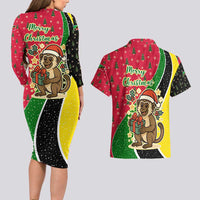 Saint Kitts and Nevis Christmas Couples Matching Long Sleeve Bodycon Dress and Hawaiian Shirt with Red Green Black Xmas Monkey Gift and Coat of Arms - Wonder Print Shop