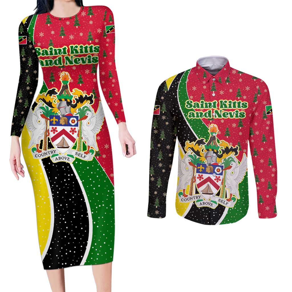 Saint Kitts and Nevis Christmas Couples Matching Long Sleeve Bodycon Dress and Long Sleeve Button Shirt with Red Green Black Xmas Monkey Gift and Coat of Arms - Wonder Print Shop