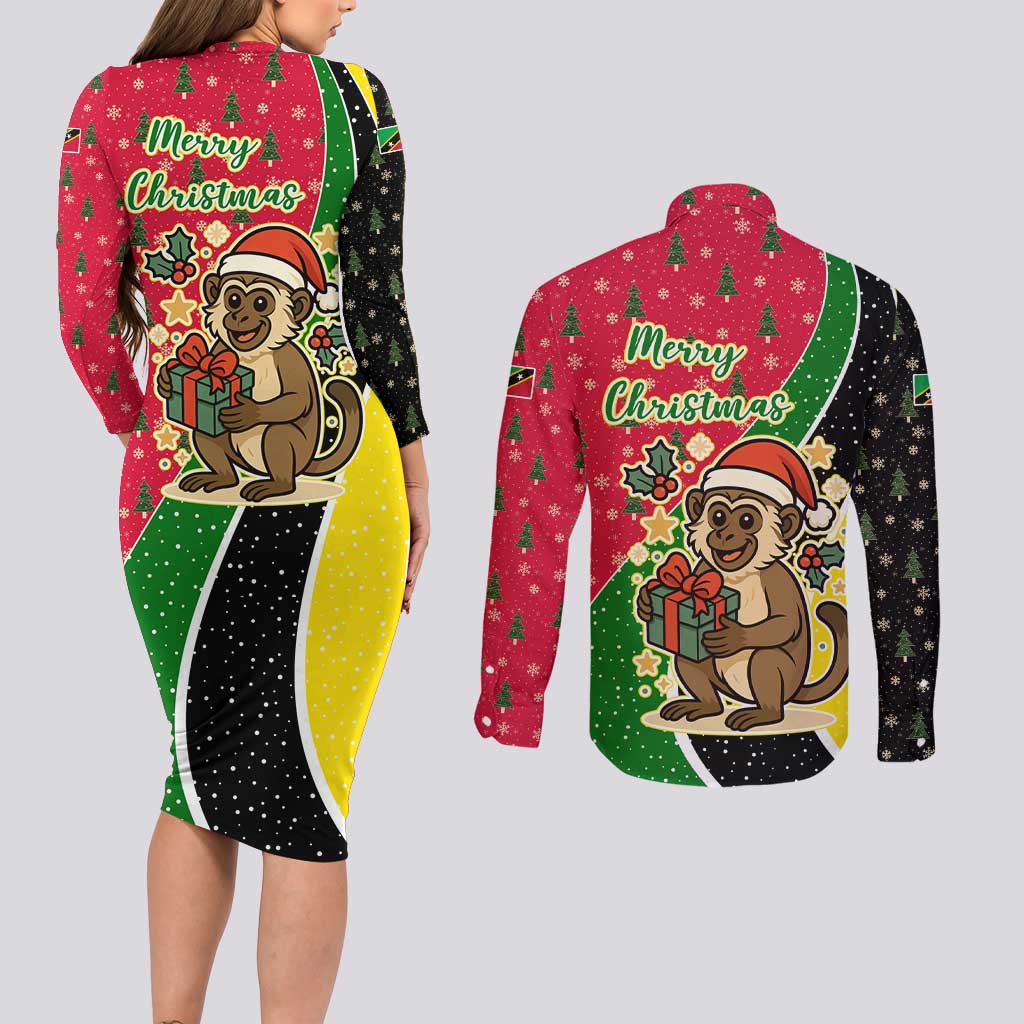 Saint Kitts and Nevis Christmas Couples Matching Long Sleeve Bodycon Dress and Long Sleeve Button Shirt with Red Green Black Xmas Monkey Gift and Coat of Arms - Wonder Print Shop