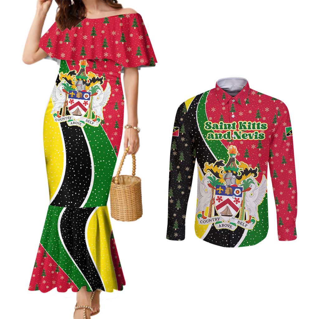 Saint Kitts and Nevis Christmas Couples Matching Mermaid Dress and Long Sleeve Button Shirt with Red Green Black Xmas Monkey Gift and Coat of Arms - Wonder Print Shop