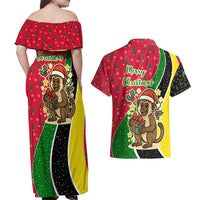 Saint Kitts and Nevis Christmas Couples Matching Off Shoulder Maxi Dress and Hawaiian Shirt with Red Green Black Xmas Monkey Gift and Coat of Arms - Wonder Print Shop