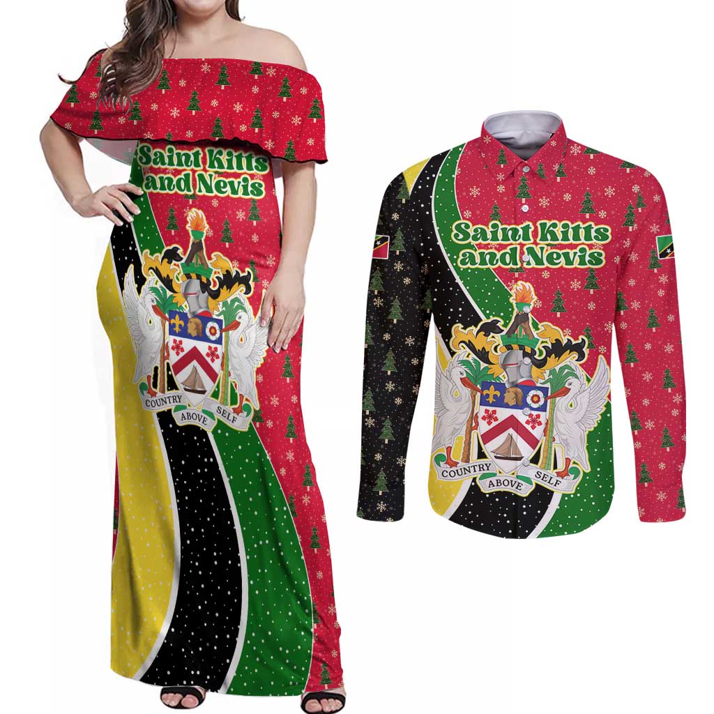 Saint Kitts and Nevis Christmas Couples Matching Off Shoulder Maxi Dress and Long Sleeve Button Shirt with Red Green Black Xmas Monkey Gift and Coat of Arms - Wonder Print Shop