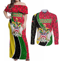 Saint Kitts and Nevis Christmas Couples Matching Off Shoulder Maxi Dress and Long Sleeve Button Shirt with Red Green Black Xmas Monkey Gift and Coat of Arms - Wonder Print Shop